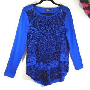 Onque Too Casual Top Cobalt Blue Velvet Burnout Long Sleeve Electric Blue S